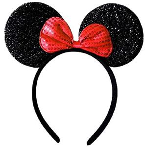 KIRALOVE Cerchietto orecchie topolina - Minnie - Carnevale - Halloween - Colore Nero Fiocco Rosso - Con paillettes - - Donna