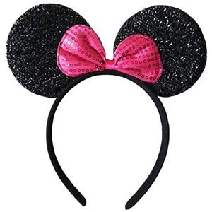 KIRALOVE Cerchietto orecchie topolina - Minnie - - Donna - Carnevale - Halloween - Colore Nero Fiocco Fuxia - Con paillettes