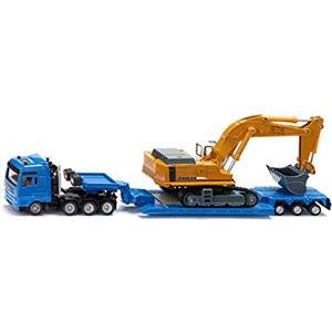 siku 1847, Autocarro con escavatore su semirimorchio a pianale ribassato, 1:87, Metallo e Plastica, Blu e Giallo, Semirimochio sganciabile