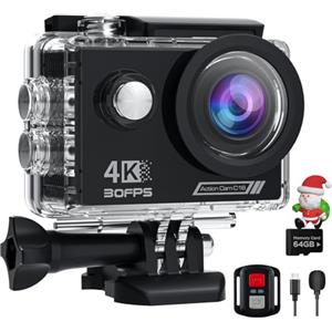 Camlance Action Cam 4K con Scheda SD da 64G, HD 20MP WiFi Videocamera,Fotocamera Sott'acqua 40M con Telecomando,170° stabilizzata Telecamera Subacquea, 2 Batterie e Accessori di Montaggio