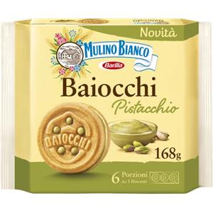 Mulino Bianco Biscotti Baiocchi al Pistacchio, Biscotti con Pistacchio e Pastafrolla Ideali per Colazione o Merenda, Senza Olio di Palma, 6 Porzioni da 3 Biscotti