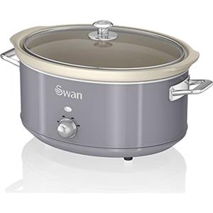 Swan Retro SF17031GRNEU Pentola Cottura Lenta 6,5L Contenitore Estraibile, Antiaderente Ceramica Libera PFOA e PTFE, 3 Livelli Temperatura, Coperchio Vetro, Slow Cooker Design Vintage, Grigio, 320W