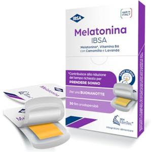 Ibsa Melatonina IBSA - 30 Film Orodispersibili. Integratore alimentare a base di Melatonina, che contribuisce a ridurre il tempo necessario a prendere sonno, con Vitamina B6, Camomilla e Lavanda.