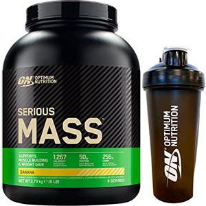 Optimum Nutrition Serious Mass Gainer Proteine Whey in Polvere per la Massa Muscolare con Creatina Glutammina e Vitamine Banana 2,73kg 8 Porzioni + Shaker