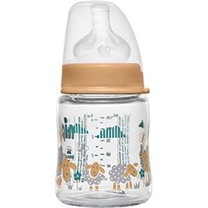 NIP Borraccia a collo largo con tettarella anti-colica: borraccia con sistema ACTIFLEX, prodotta in Germania, senza BPA, vetro, taglia unica, foro di aspirazione M, flusso medio, 120 ml, ragazza