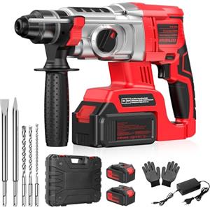 Homry Martello Perforatore a Batteria 2 * 4.0Ah, 21V Martello Demolitore SDS Plus, Martello Tassellatore a Batteria, 3 Trapani, 2 Scalpelli, Adatti per Cemento, Muratura, Pareti, 4 in 1 Funzioni