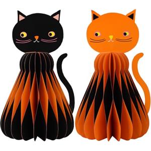 Talking Tables 2 x Halloween gatti riutilizzabili a nido d'ape in carta ecologica decorazioni per Halloween centrotavola a forma di gatto, decorazione spettrale per feste, arancione e nero, 20 cm,