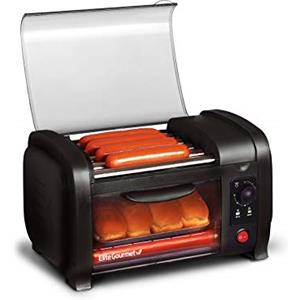 Elite Gourmet Cuisine, Fornetto per hot dog EHD-051B, timer di 30 minuti, rulli riscaldati in acciaio inox, teglia e vassoio raccogli briciole, capacità 4 panini da hot dog, nero