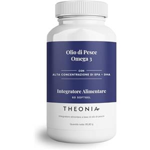 Theonia olio di pesce omega 3 puro 2000mg con vitamina E - Alta concentrazione di EPA + DHA - Supporta cuore, articolazioni, cervello e sistema immunitario - Adatto ai vegetariani - 60 capsule morbide