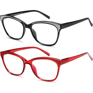 NEW VISION 2 Pack Occhiali da Lettura Donna, Occhiali Anti Luce Blu Donna, Occhiali Lettura con Cerniere a Molla, NV1157 (Rosso+Nero, 2.5, x)