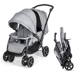 LIFEZEAL Passeggino Gemellare, Doppio, Carrozzina per Bambini, Passeggino da Viaggio, Leggero, Pieghevole, Compatto, Regolabile, Portatile, Reclinabile, Comodo, Max 30 kg, 123x57x95-110 cm, Grigio