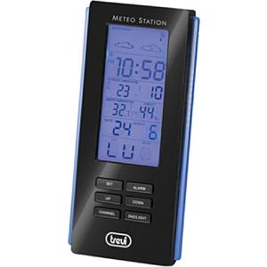 Trevi ME 3108 RC Stazione Meteo con Sensore Esterno, Display Retroilluminato a LED Blu, Termometro Interno Esterno, Igrometro e Funzione Sveglia, Nero