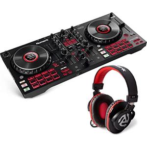 Numark Mixtrack Platinum FX + HF175 - Console DJ con 4 Deck, Mixer DJ, Scheda Audio, Jog Wheel con Display + Cuffie con Filo 3 m con Driver da 40 mm e Padiglioni di Alta Qualità