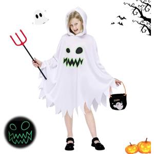 GUBOOM Costume di Halloween da Fantasma Bianco per Bambini, Costume di Halloween per Bambini con Sacchetto di Zucca, Forchetta Diavolo, Adatto per Halloween, Carnevale, Cosplay (L)