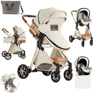 Sianldcone Passeggino 3 in 1 Trio Neonati, Tessuti di Alta Qualità Carrozzina per Neonato, Spinta Bidirezionale Passeggino Reversibile, Visione Aperta Passeggino Trolley (V9 Creamy White)