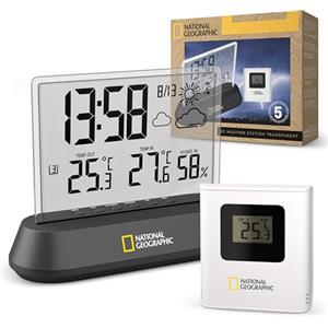 National Geographic Stazione meteorologica Radio con sensore da Esterno dal Design Trasparente con Schermo per visualizzazione dei valori di Temperatura e umidità e delle Tendenze Meteo