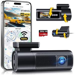 GKU Dash Cam Auto, Doppia 4K 60fps+2.5K, 5G WiFi Telecamera per Auto con SD 64G, Schermo IPS da 1.47', GPS, Super Visione Notturna, G-Sensor, Registrazione in Loop, HDR, 360° Rotabile,Max 512 GB