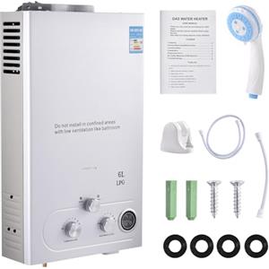 Teodute Scaldabagno a gas propano GPL da 6 litri, scaldabagno istantaneo senza serbatoio da 12 kW con kit doccia, bruciatore caldaia per campeggio, camper, casa