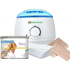 Bellezza Italia KIT DEPILAZIONE VASO CERETTA 1 SCALDACERA con pentolino + 1 CERA BARATTOLO 400 ml + 100 STRISCE DEPILATORIE TNT + 100 SPATOLE STENDICERA