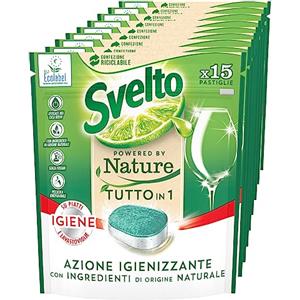 Svelto Powered By Nature Tutto in 1 Pastiglie Idrosolubili per Lavastoviglie Azione Igienizzante Agenti Anticalcare contro Sporco e Macchie - 9 Confezioni da 15 Pastiglie