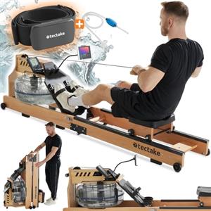 tectake® Vogatore in Legno per Allenamento a Casa, Vogatore Salvaspazio per Palestra in Casa, Sedile Ergonomico, con Serbatoio d'Acqua, Display Integrato, Carico Massimo 150 kg - Nero/Marrone