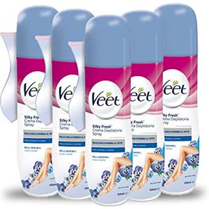 VEET x5 Veet Crema Depilatoria Pelli Sensibili in Spray, Per Corpo Gambe,Ascelle e Zona BIkini, 150 ml, 5 Confezioni, Maxi formato