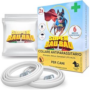 SUPER BAU BAU Collare Antiparassitario per Cani - Confezione da 2, Antipulci, Antizecche, Anti Zanzare, Impermeabile, Efficace per 12 Mesi, 65cm per Cani oltre 8kg