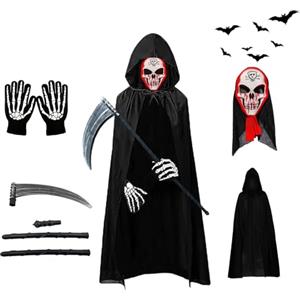 AOMAIGAD Costume da Grim Reaper,Costume da Mietitore,Mantello Cappuccio Nero con Guanti Scheletro,Maschera con teschio,Falce,Morte Costume di Halloween (Bambino-C)