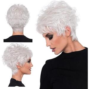 DKE&YMQ Parrucca Pixie Cut Argento, Frangetta Inclinata, Capelli Corti Ricci, Parrucca Bianca Soffice, Capelli Naturali Per Donne Di Mezza Età E Anziane Per Uso Quotidiano