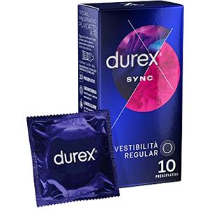 Durex Sync, Preservativi Ritardanti per Lui e con Rilievi e Nervature per Lei, 10 Profilattici con Lubrificante a Lunga Durata