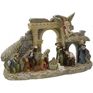 Aurora Store Tempio Capanna innevata PRESEPE di Natale Completa di Natività da 11 Pezzi con 3 Re Magi in Resina statuine pastori presepe Dimensioni 29x7x h.18 cm Napoletano