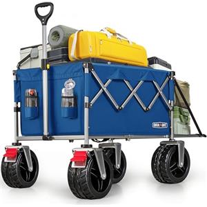 OVERMONT Carrello da Giardino Pieghevole - 200 L/136KG Carrelli da Trasporto Extra Lungo - Carrello da Campeggio Pieghevole con Grandi Ruote per Tutti i Terreni - con Tasca Laterale e 2 Freni