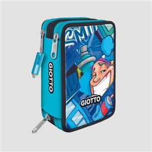 Giotto Astuccio Supermina 3 Zip Young Street Art Azzurro - Spazioso e Colorato per Bambini