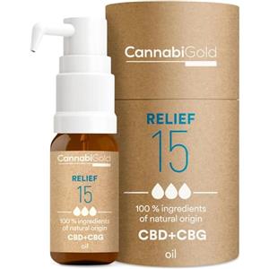 CannabiGold RELIEF 15 - CBD+CBG Oil con Olio MCT (Olio di Cocco), No OMG, 100% Ingredienti di Origine Naturale, THC Free, Effetto Antiossidante e Lenitivo (12ml per ca. 1,5 mesi di utilizzo) (Relief)