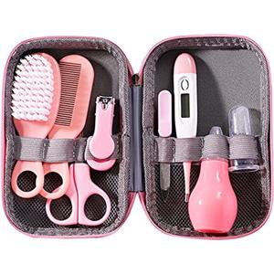 Spacnana Kit per la Cura del Bambino con Tagliaunghie, Spazzola per Capelli, Termometro, Aspiratore Nasale e Spazzolino da Dito per la Cura dei Neonati - Rosa