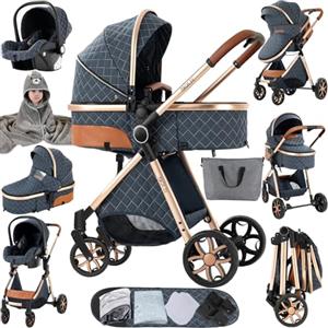 Sianldcone Passeggino 3 in 1 Trio Neonati, Tessuti di Alta Qualità Carrozzina per Neonato, Spinta Bidirezionale Passeggino Reversibile, Visione Aperta Passeggino Trolley (V9 Blue)