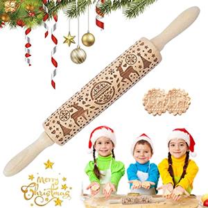LGZIN Mattarello Natale, Goffratura Rullo di Legno, Mattarello in Legno 3D, Mattarello in Legno di Cervi Natalizi, Mattarello 3D Rolling Pin, Goffratura Mattarello, per Pizza, Biscotti, Impasto
