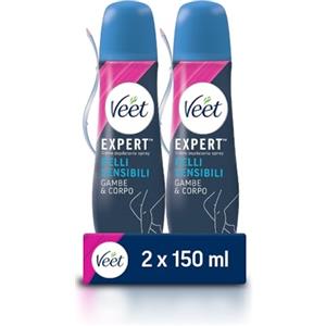 Veet Crema Depilatoria Spray Gambe e Corpo per Pelli Sensibili, Dermatologicamente Testata, 2 Confezioni da 150 ml