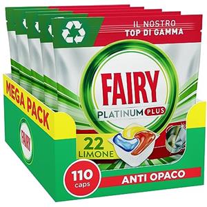 Fairy Pastiglie Per Lavastoviglie Fairy Platinum Plus Tutto In Uno Limone, 5 x 22 Capsule, La Migliore Pulizia Fairy Come Nuovo, Rimuove L'opacità E Previene Il Calcare