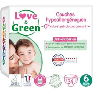 Love & Green - Pannolini per neonati sani ed ecologici - Taglia 6 (15+ kg) - 34 strati - Assorbente, anti-perdite e senza ingredienti indesiderati