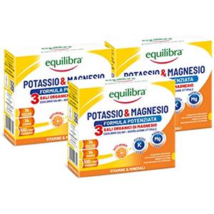 equilibra Integratori Alimentari, Potassio e Magnesio 3 Formula Potenziata, Integratore Magnesio e Potassio per Reintegro Sali Minerali, Gusto Arancia, Senza Glutine e Lattosio, 3 Pezzi da 14 Bustine