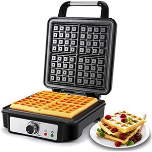 YASHE Piastra per Waffle, Macchina per Waffle Quadrata 4 Fette, 5 Manopole di Doratura, Luci Indicatori, Antisversamento, Rivestimento Antiaderente, 1200W, Argento/Nero