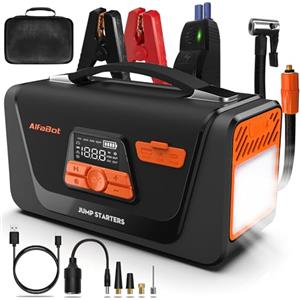 AlfaBot Q4 Booster Avviamento Auto Portatile per motori diesel e a benzina da 12 V, Avviatore di Emergenza per Auto, Avviatore con Compressore di Aria, Torcia LED, 4000A