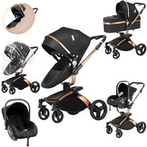 Prokoke Pelle PU Passeggino Trio, Trio Passeggino Neonati con Sedile Regolabile Rotazione 360°, Passeggino 3 in 1 con Lega di Alluminio a Cornice, Trio con Design Pieghevole in Un Clic (906 Black)