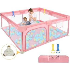 Dripex Box Bambini 127x127 cm, Recinto per Bambini Tessuto 210D Oxford, Box per Bambini con Rete Traspirante, Box Giochi per Bambini, Box Neonato, 2 Pezzi Anelli, Rosa