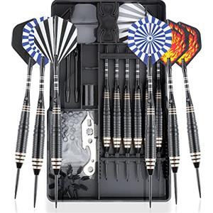 CareGames Set di Freccette con Punta in Acciaio, 24 g, con Custodia per Il Trasporto e Accessori Extra, Nero/Blu/Verde/Rosso/Bianco (Nero)