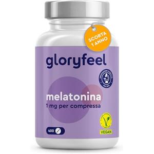Gloryfeel Melatonina per Dormire, Scorta +1 Anno, 400 Compresse, 1 mg per Compressa, per Prendere Sonno e per Fisiologico Rilassamento, Melatonina Forte Pura, Testato in Laboratorio, Vegan