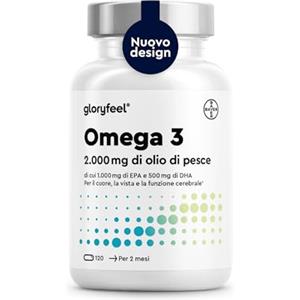 Gloryfeel Omega 3 2000mg, Eletto PRODOTTO DELL'ANNO 2025, 1000mg EPA + 500mg DHA, Olio di Pesce Omega 3, 120 Capsule, in Forma Trigliceridi Riesterificati, Integratore Omega 3, Fonte di Acidi Grassi Essenziali