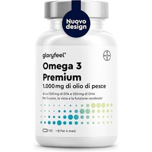 Gloryfeel Omega 3 Olio di Pesce, 1000mg di Omega 3 500 mg EPA + 250 mg DHA, Integratore Olio di Pesce Omega 3 Capsule, 120 Capsule, Omega3 Fish Oil, Cuore & Cervello Sani, Testato in Laboratorio