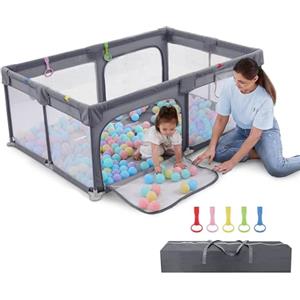 Dripex Box Bambini 120 x 180 cm, Recinto per Bambini 300D Oxford tessuto, Box per Bambini con rete traspirante, Box Giochi per Bambini, 5 Pezzi Anelli, Box Neonato, Grigio scuro